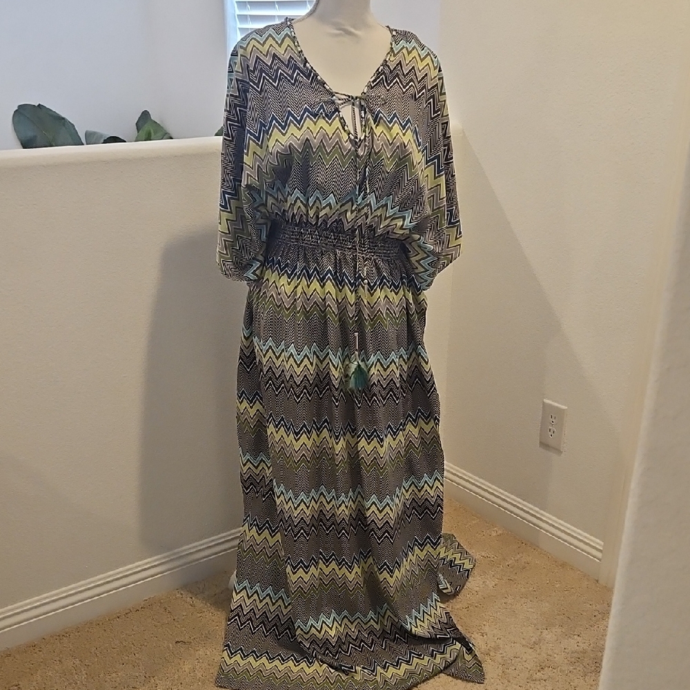 Meghan LA Chevron Maxi Dress in Yellow, Black & Light Blue Sz 10